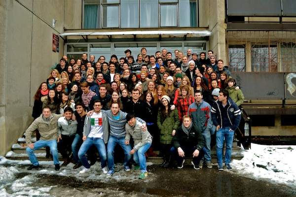 Beth poses with fellow exchange students in Prague.